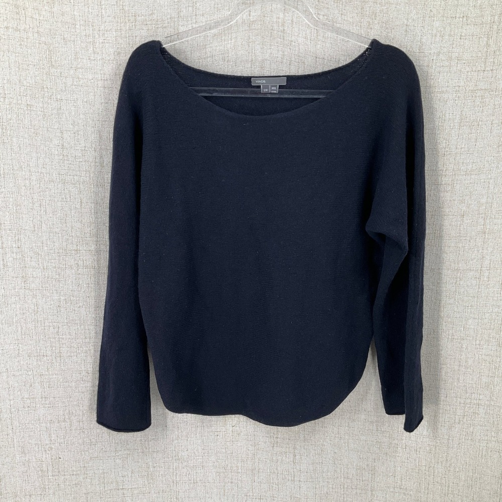 Vince Sweater Women Large Navy Blue Wool Cashmere Boat Neck Curved Hem Luxury